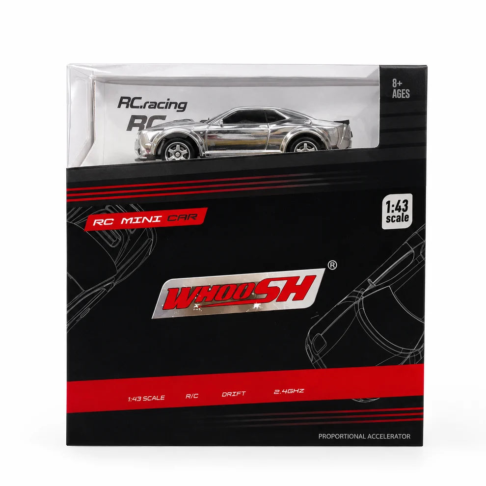 Whoosh 1:43 RC mini drift car in chrome silver with 2.4GHz remote