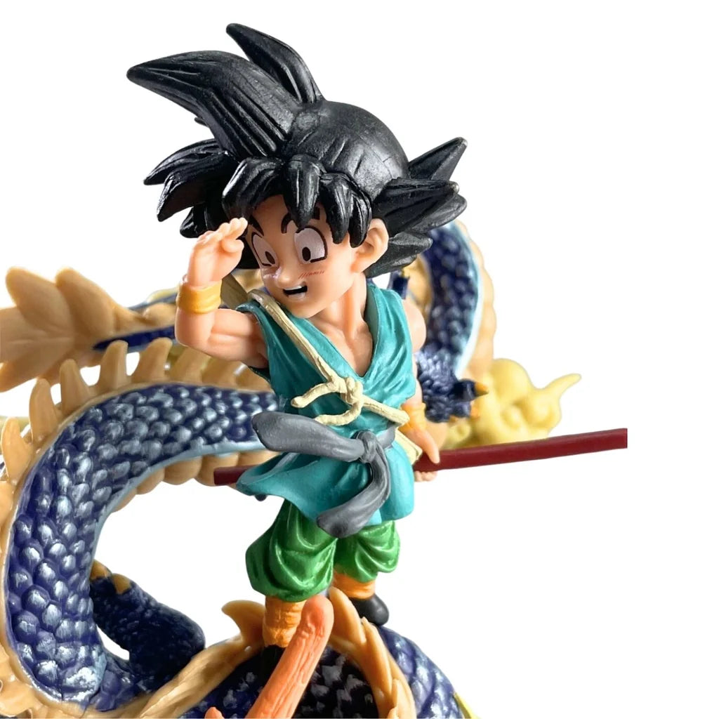 Kid Goku Riding Shenron Figure – Dragon Ball Diorama with Power Pole & Nimbus Clouds | Navy Blue Dragon Collectible