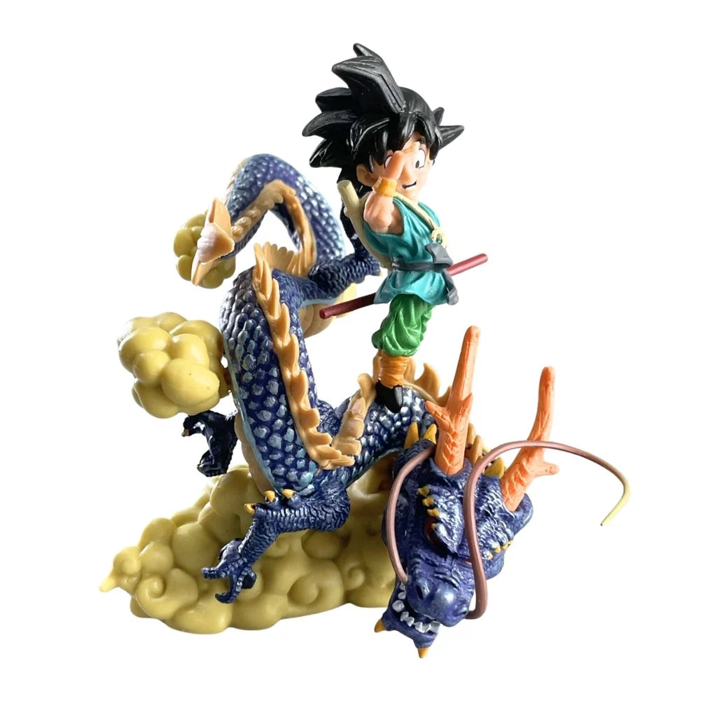 Kid Goku Riding Shenron Figure – Dragon Ball Diorama with Power Pole & Nimbus Clouds | Navy Blue Dragon Collectible