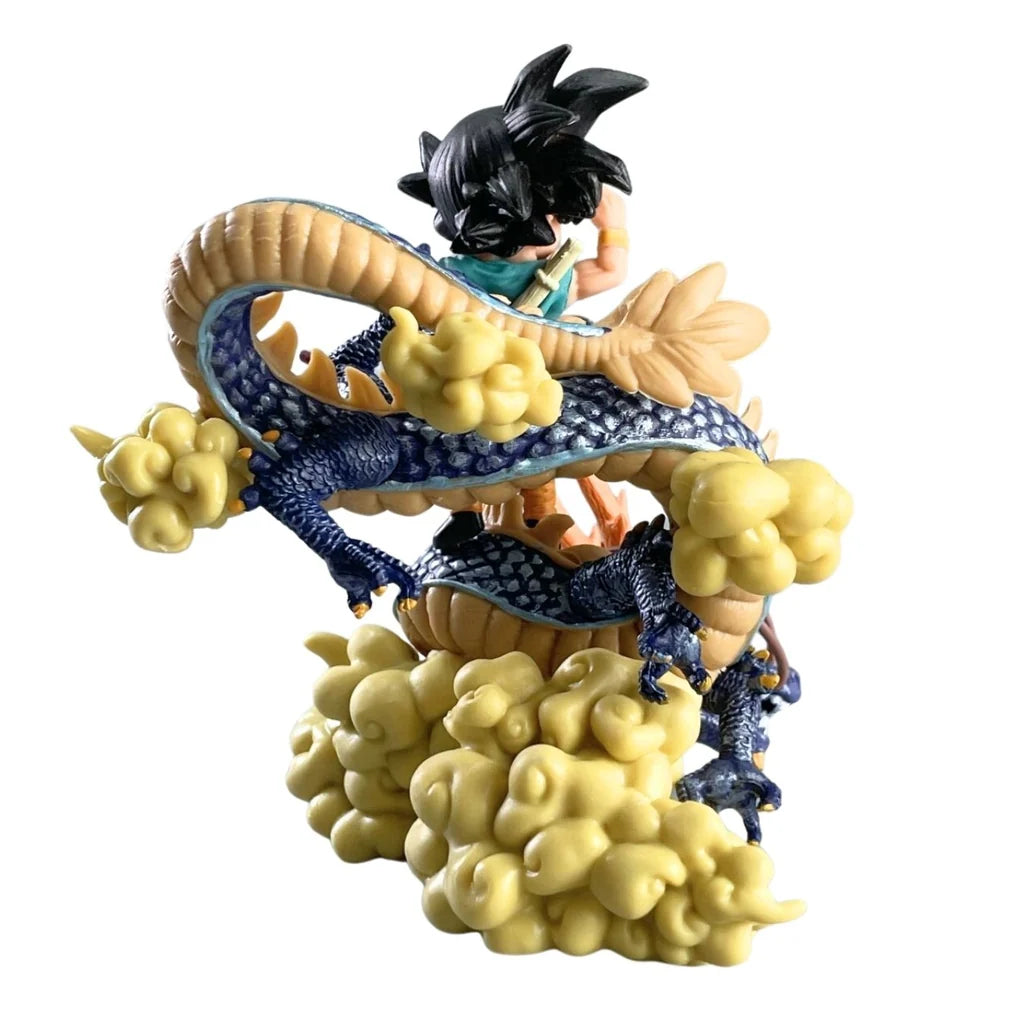 Kid Goku Riding Shenron Figure – Dragon Ball Diorama with Power Pole & Nimbus Clouds | Navy Blue Dragon Collectible