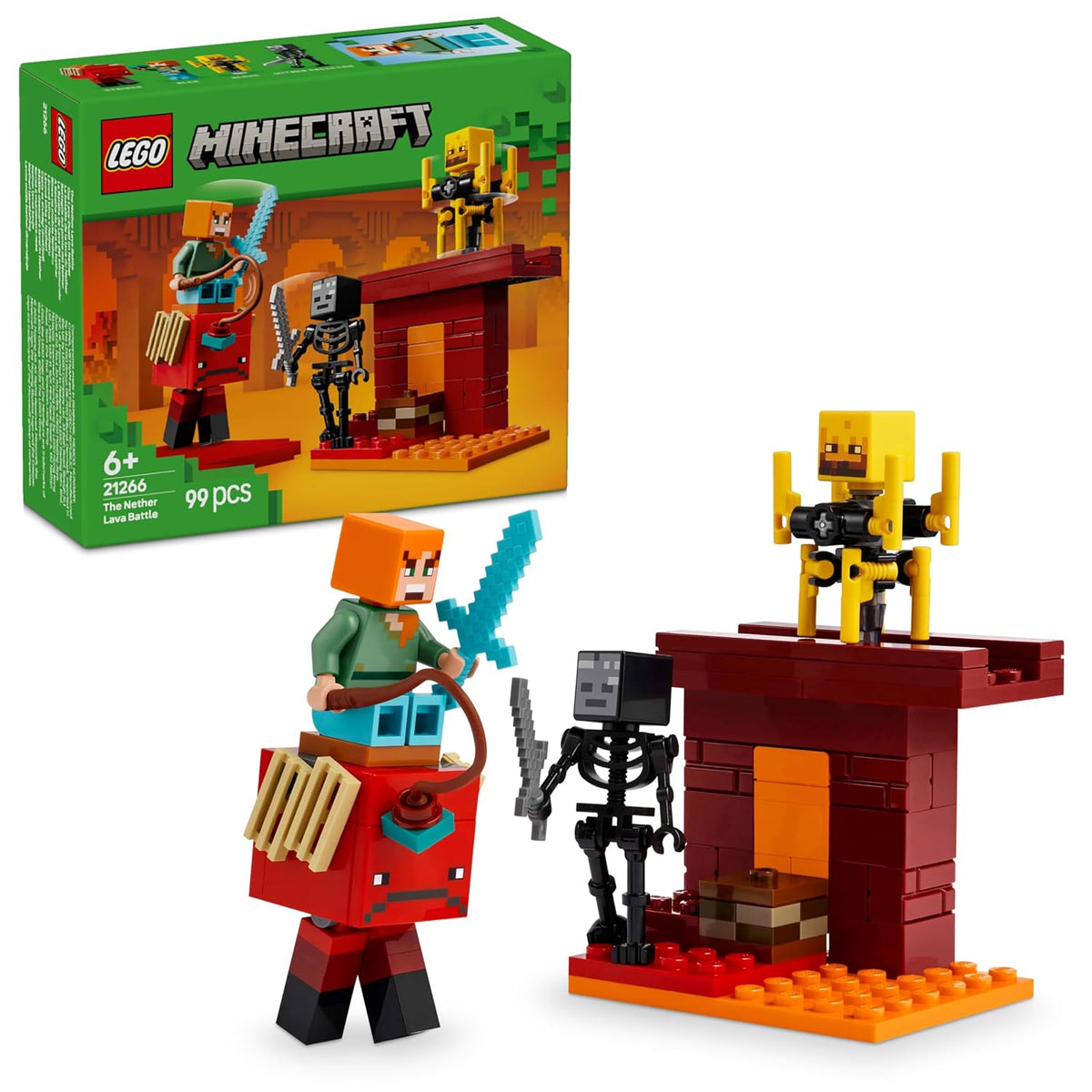 LEGO Minecraft The Nether Lava Battle 21266 – 99 Pieces Building Set with Alex, Strider, Blaze & Wither Skeleton Figures