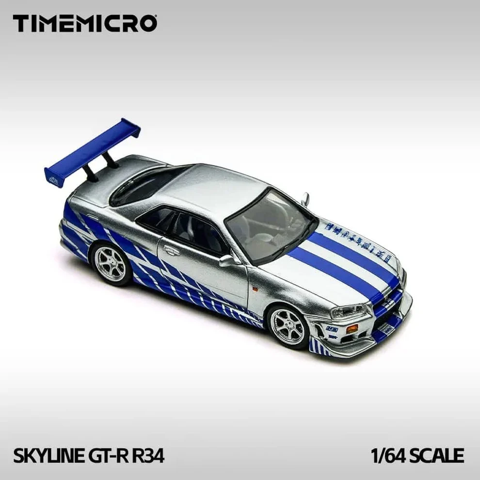 TimeMicro Nissan Skyline GT-R R34 1:64 diecast car in silver and blue