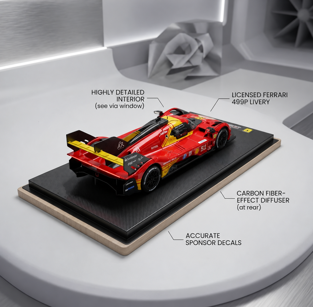 Bburago Ferrari 499P Hypercar 1:64 Scale Diecast Model Car – Red #51 | Racing Collectible with Display Base