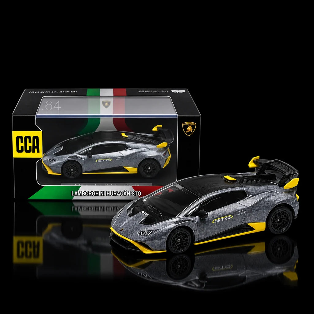 CCA Lamborghini Huracán STO 1:64 Scale Diecast Model Car – Grey & Yellow | Premium Collectible with Display Box