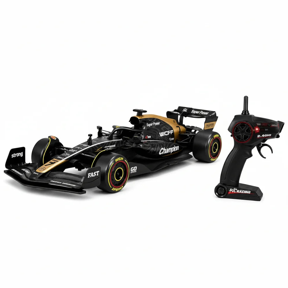 Jimyog 1:10 F1 RC racing car in black and gold