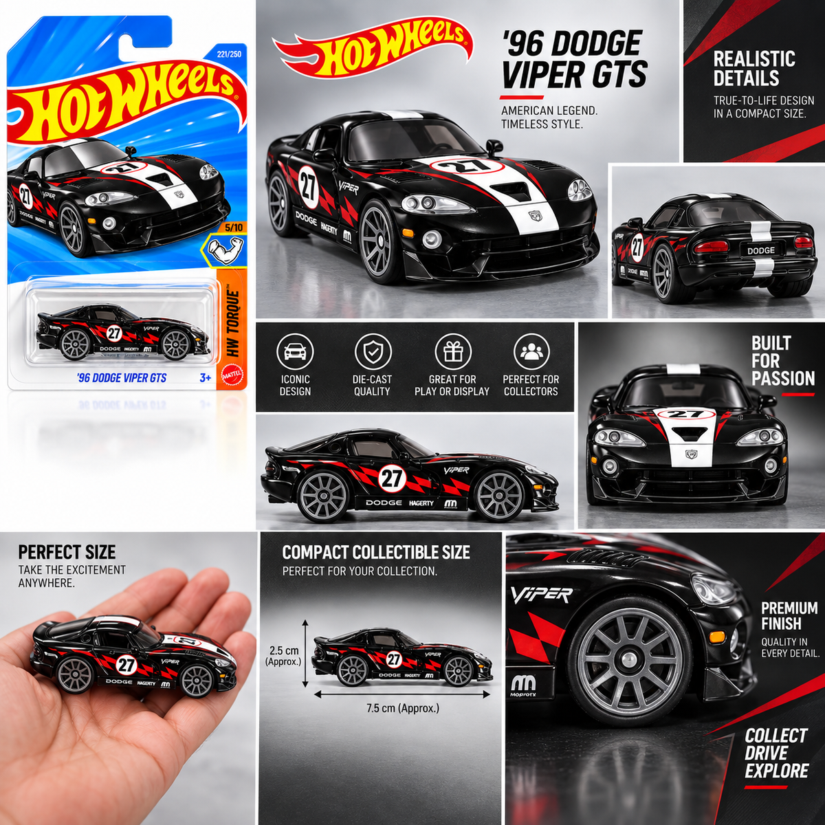 Hot Wheels '96 Dodge Viper GTS – Black #27 Racing Livery (HW Torque Series 5/10)