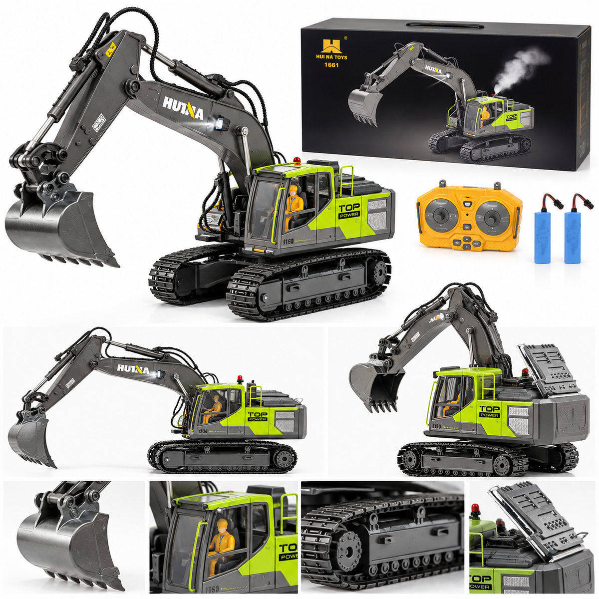 HUINA 1661 1:18 Scale RC Excavator – Die-Cast Metal Remote Control Construction Vehicle with LED Lights