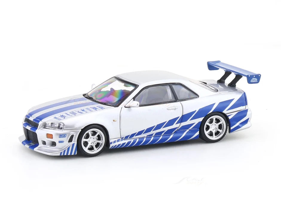 TimeMicro Nissan Skyline GT-R R34 1:64 Scale Diecast Model Car – Silver & Blue | Premium JDM Collectible