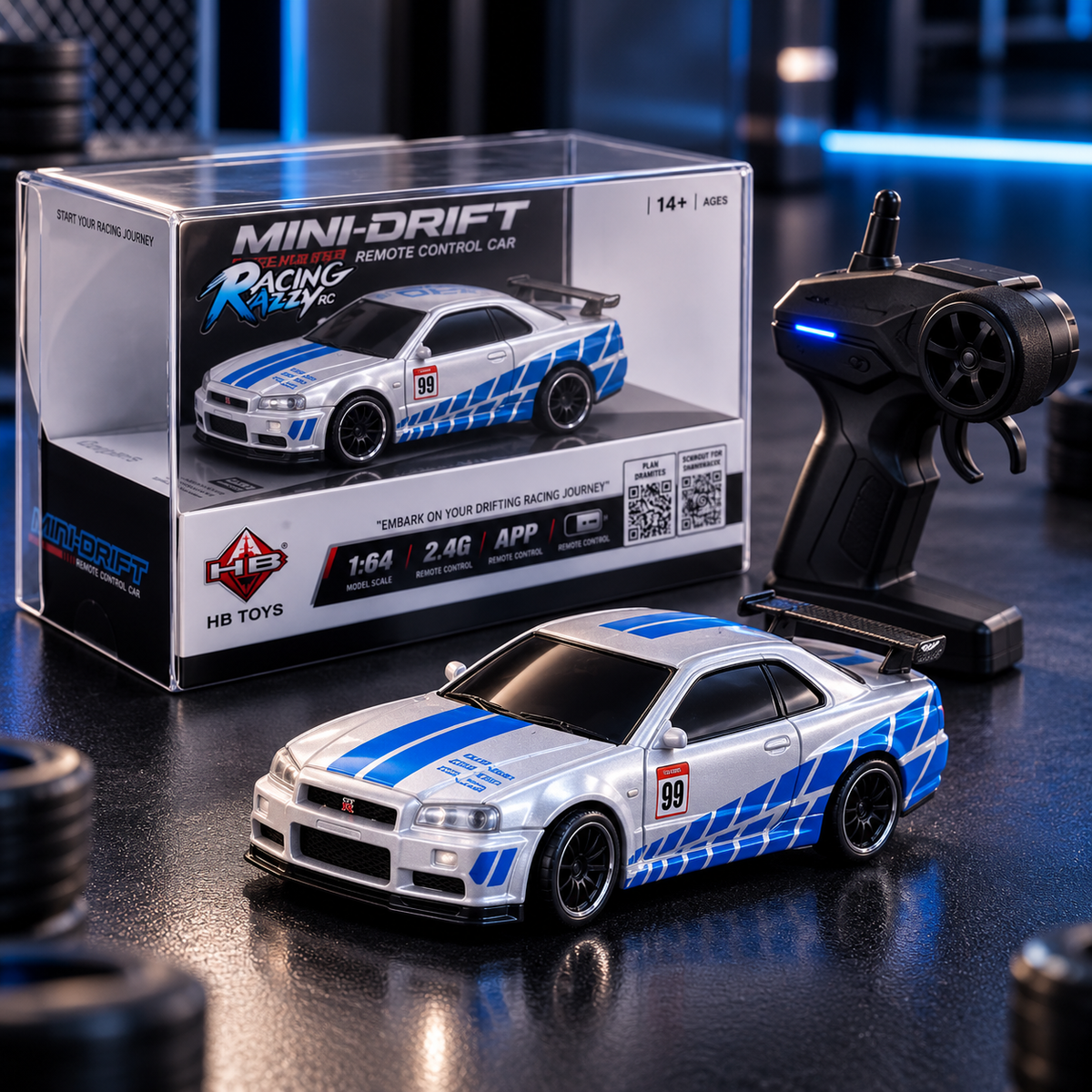 HB Toys Mini Drift 1:64 Scale RC Car – Silver & Blue #99 | 2.4GHz & App Remote Control Drift Car