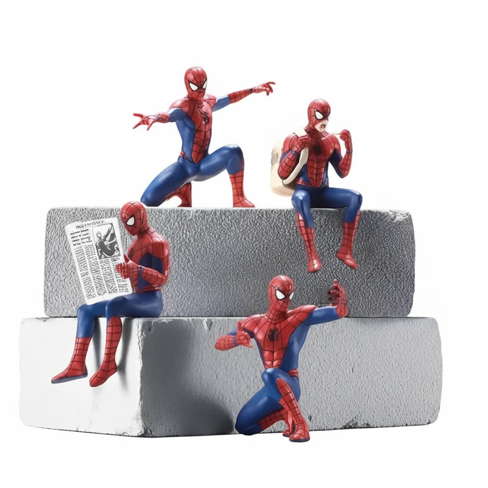 Set of four 8 cm Spider-Man mini figures in sitting, reading and web-shooting poses