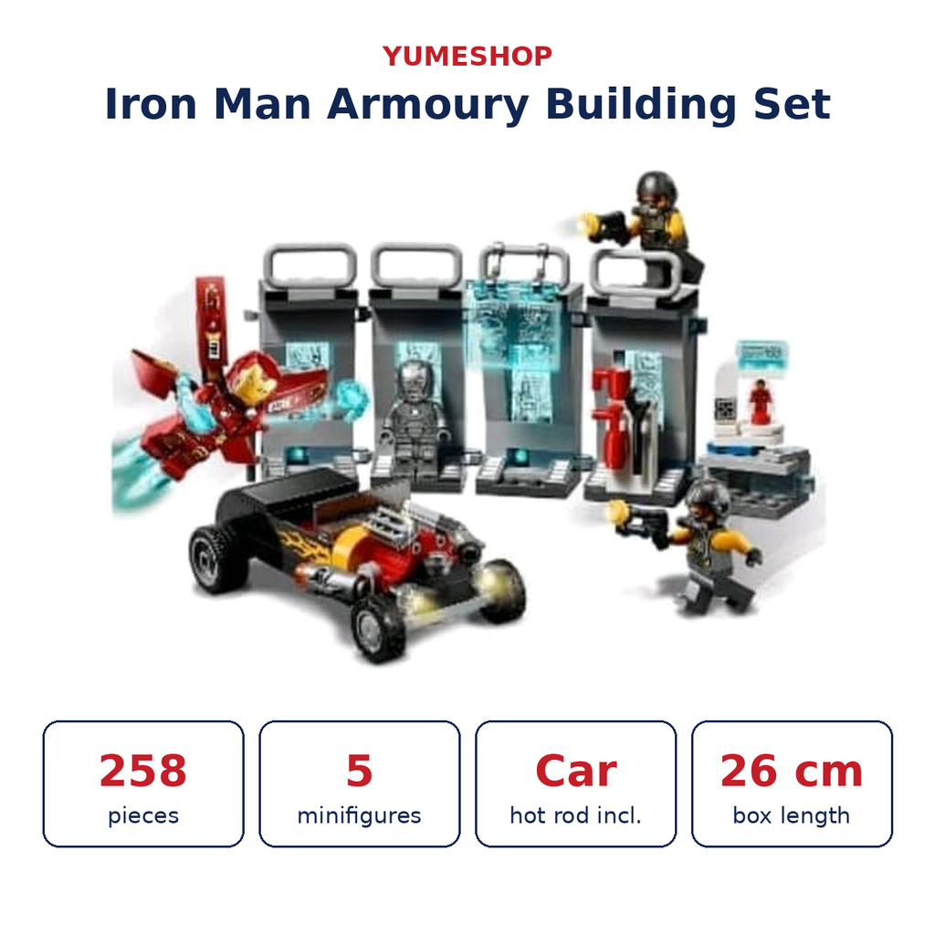 Iron Man Armoury Building Blocks Set 11562 – 258 Pieces with Hot Rod Car & 5 Minifigures | Avengers Suit Lab Playset