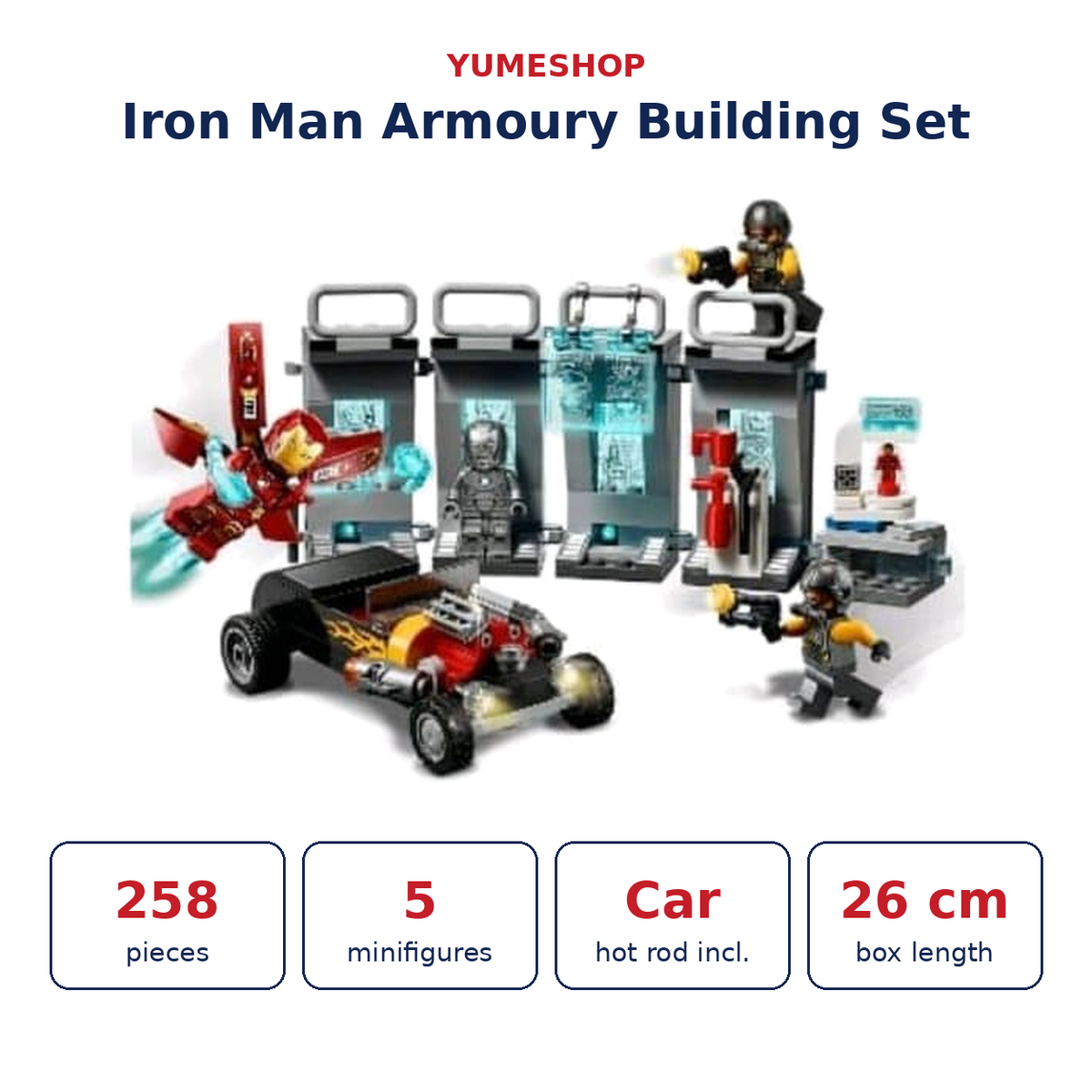Iron Man Armoury Building Blocks Set 11562 – 258 Pieces with Hot Rod Car & 5 Minifigures | Avengers Suit Lab Playset