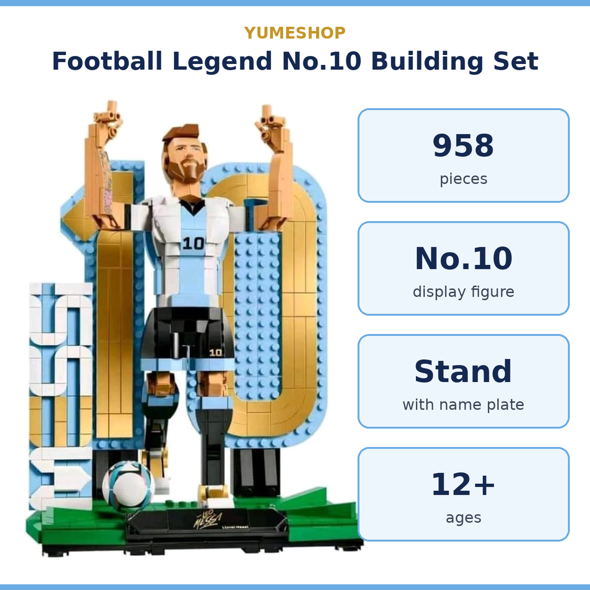 Lionel Messi Football Legend Building Blocks Set 68102 – 958 Pieces No.10 Display Figure with Stand | Football Fan Gift