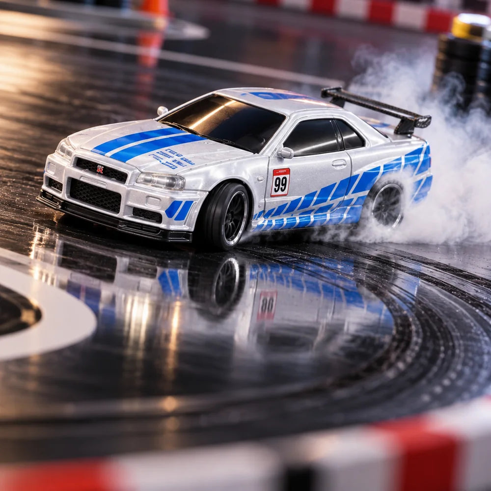 Silver and blue RC drift car mid-drift